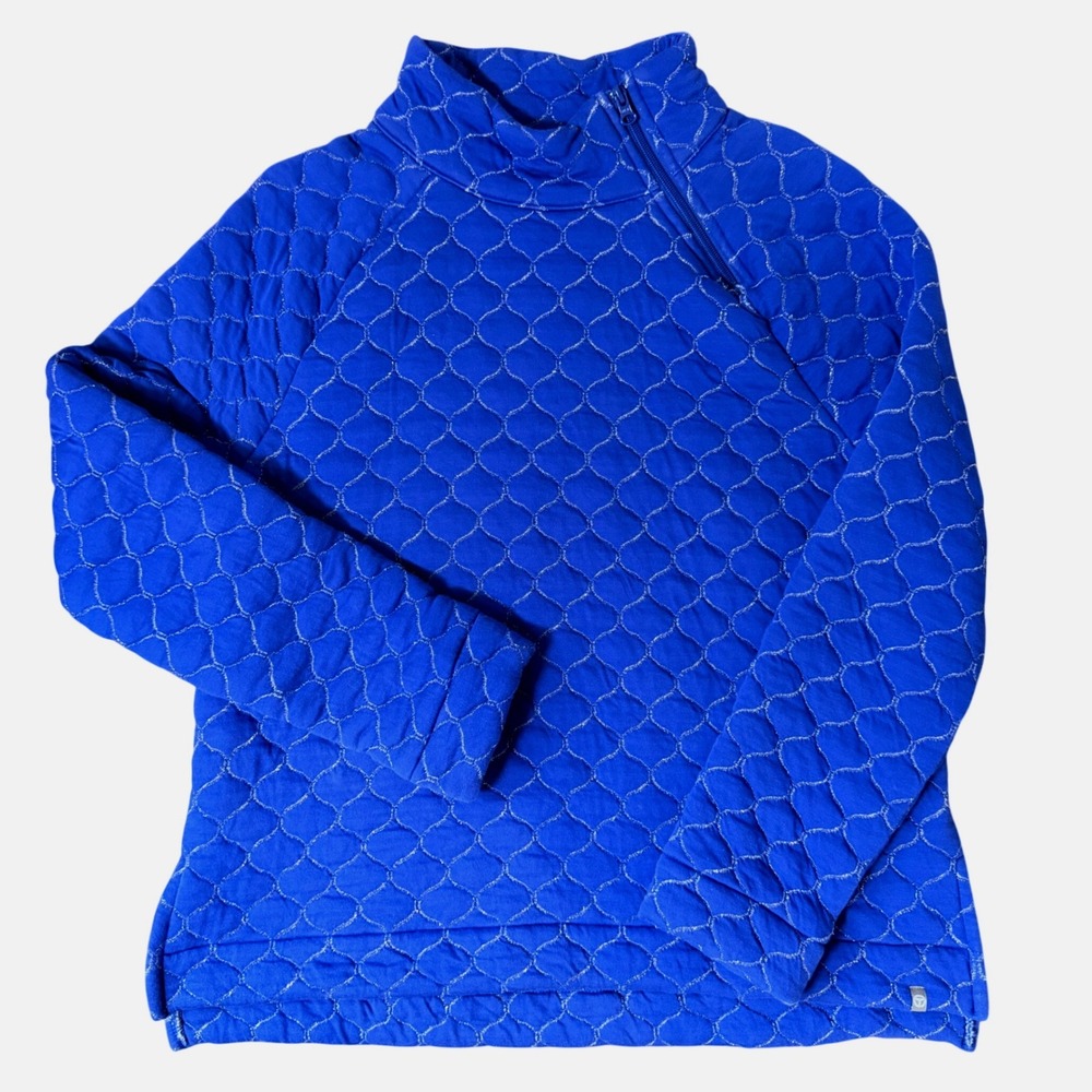 Talbots Quilted Quarter Zip Quatrefoil Indigo Pullover (LG) Fall Winter Cozy Ski